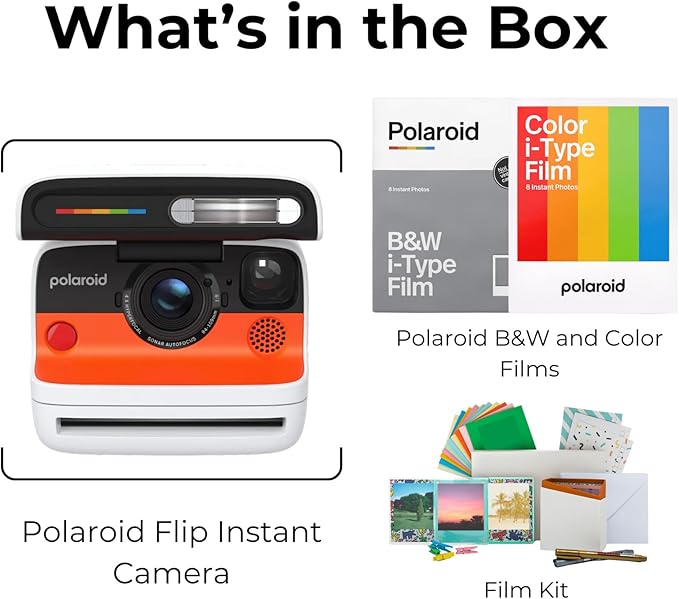 Polaroid Flip Instant Camera with Sonar Autofocus and Retro Design (White) Bundle with Color/B&W Film for i-Type and Film Kit (4 Items)