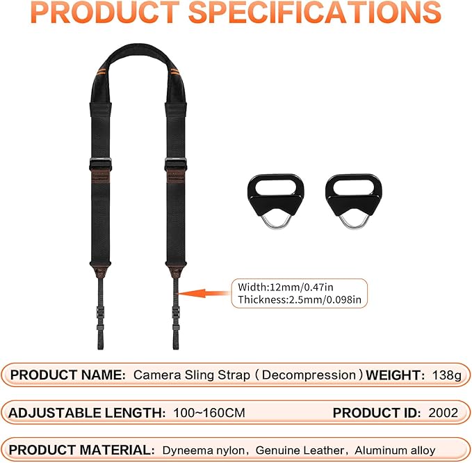Camera Strap for Photographers, Adjustable Nylon Shoulder Strap with Leather Trim, 39-63 Inch (Night Black)