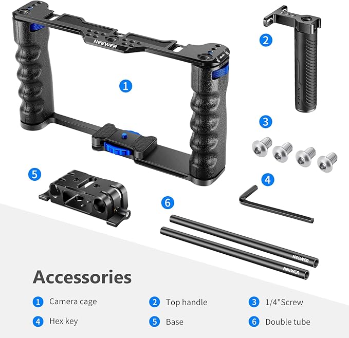 NEEWER Aluminum Alloy Camera Cage, Filmmaking Rig with Top Handle, Dual Grips & Arca Type Base, Compatible with Sony A7S III A7IV A6600 Canon EOS R5C R5 R6 DSLR/Mirrorless Cameras - VS107, Blue