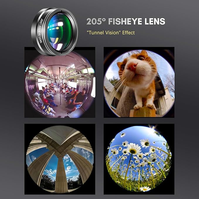 Updated COSULAN 4-in-1 Phone Camera Lens Kit, Come with 22X Telephoto Lens, 205° Fisheye Lens, 4K 0.67X Wide Angle Lens, 25X Macro Lens, Clip, and Phone Mini Tripod for iPhone and Android Phone Series