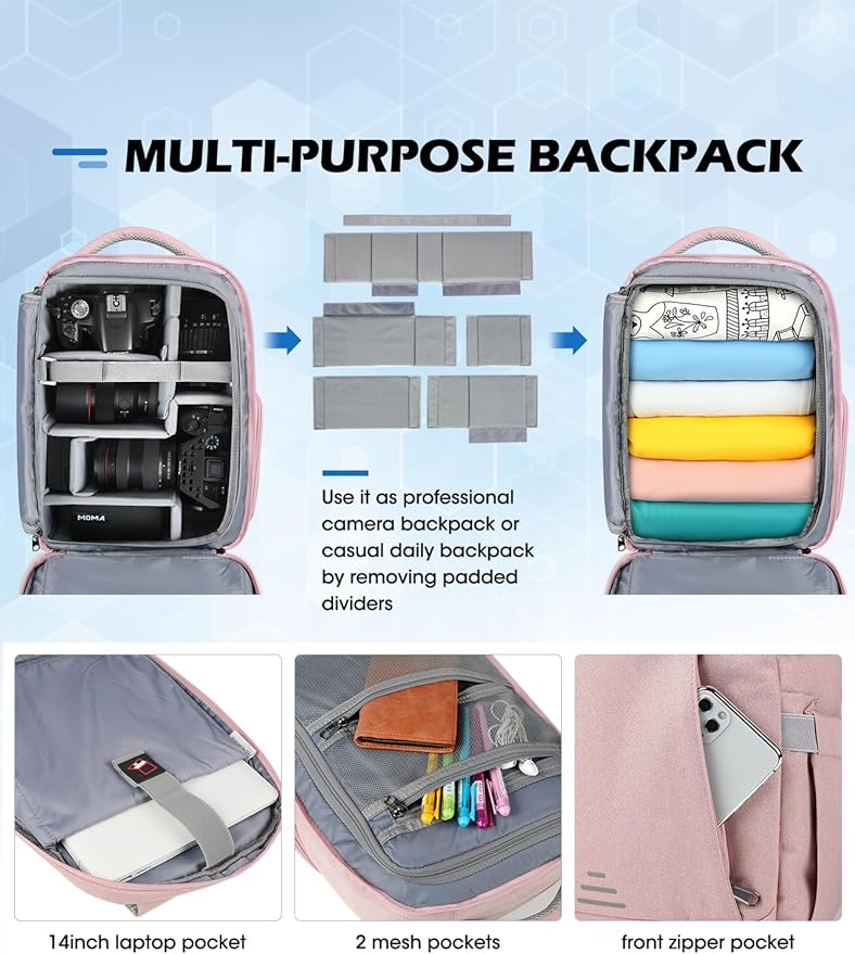 RAINSMORE Camera Bag Professional DSLR SLR Mirrorless Photography Camera Backpack 15.6 Inch Waterproof Camera Case With Tripod Holder&Laptop Compartment for Canon Nikon Sony Photographers Pink