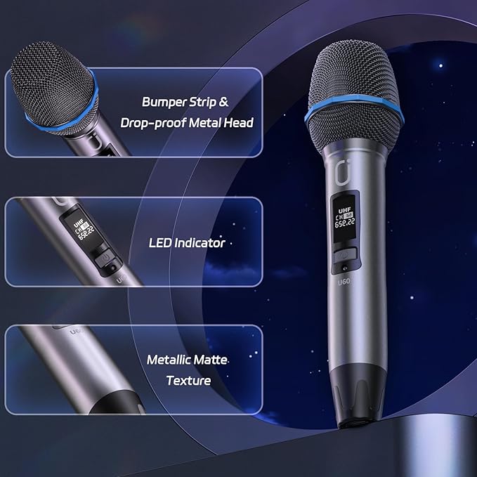 Wireless Microphones, Two UHF Microphones for Karaoke Singing, Rechargeable Dynamic Mic System with Receiver for Church, Party, Meeting, Speech, PA System, Plug and Play