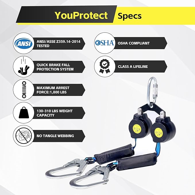 6 FT Dual Leg Self-Retracting Lifeline Web Lanyard Retractable, 2.36 inch Gate Opening Twin Steel Locking Hooks, Double Yoyo, Shock Absorber | Fall Protection OSHA & ANSI Compliant SRL