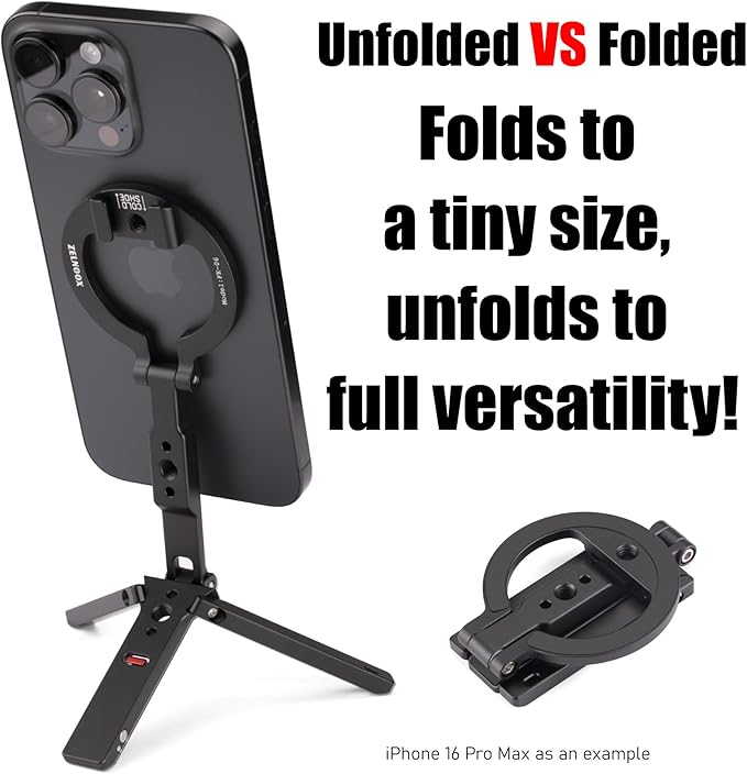 Ultra-Compact Magnetic Tripod Stand for iPhone 17/16/15/14/13/12 Pro Max Magsafe Case, Adjustable Cellphone Holder with 1/4” Screw & Travel Hook (Black)