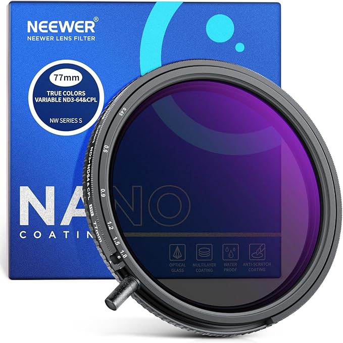 NEEWER 77mm True Colors Variable ND&CPL Filter with Putter, ND3-64(1.5-6 Stops), 2 in 1 Adjustable Limited Neutral Density & CPL Filter, Multi Coated HD Optical Glass/Aluminum Frame/Scratch Resistant