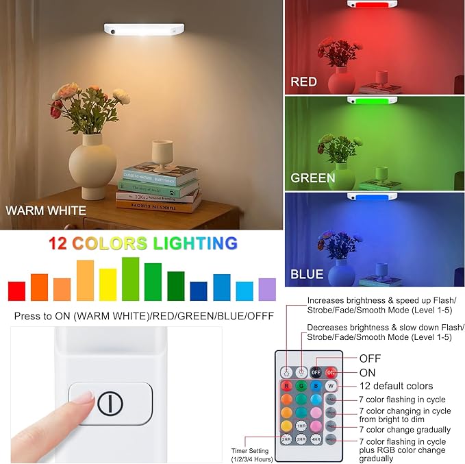 BIGMONAT LED Under Cabinet Light, Battery Operated RGB Colors Changing Led Bar Lights with Remote,Multicolor Under Counter Lights for Kitchen, Dimmable Light for Cabinet, Counter, Workbench