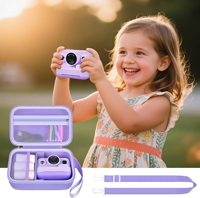 Kids Instant Print Camera Case for Dylanto/for Gofunly/for DUDUDRAGON/for ESOXOFFORE, Digital Video Camera Storage Box with 3 Roll Papers, Holder for Color Pen and Accessories (Bag Only)- Purple