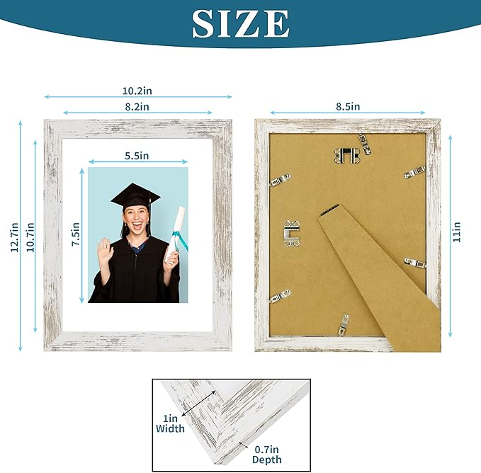 8.5 x 11 Picture Frame Set of 4, Made of Real Glass and Distressed White Certificate & Diploma Frame, 8.5 by 11 Photo for Wall or Tabletop - Display Picture 6x8 with Mat or 8.5x11 Without Mat