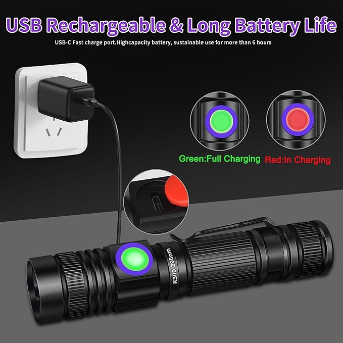 UV Flashlight Black Light USB Rechargeable 395nm Blacklight Mini, Woods lamp Portable Handheld Powerful LED Ultraviolet Lights Flashlights, Focus Adjustable for Resin Curing, Pet Urine Detection