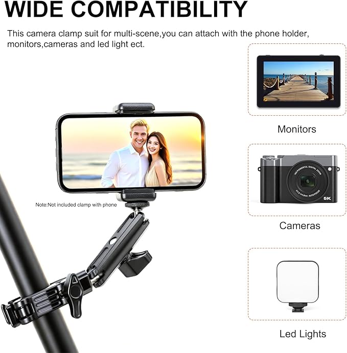 Super Clamp with Dual Ball Head Magic Arm, 1/4"-20 & 3/8"-16 Threads, Phone/Action Camera Mount Adapte for Desktop Tripod Canon Nikon DSLR Camera/Gopro/LED Lights/Ronin-M/Ronin MX/Freefly MOVI