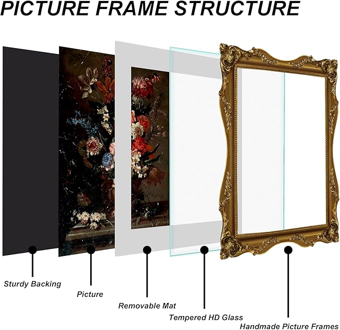 Gold 11x14 Picture Frame Vintage with Mat for 8x10 or 11 x 14 Photos, Real Glass, Ornate Baroque Gothic Victorian Antique Frames for Wall Display