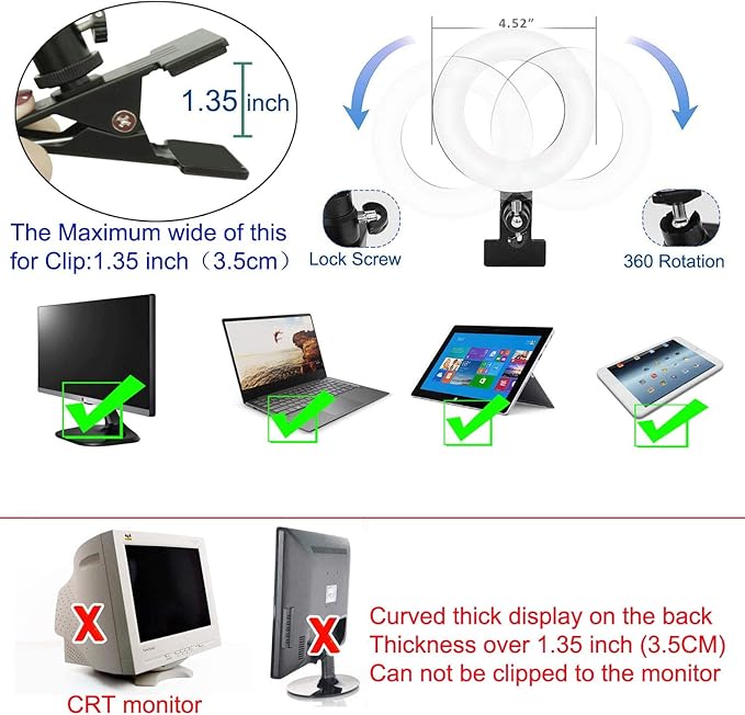Ring Light Video Conference Lighting Kit 3200k-6500K Dimmable Led Clip on Computer Monitor Laptop Phone for Content Creator (YouTube/TikTok/Twitch) Makeup,Conference,Selfie,Video,Vlog (Black)