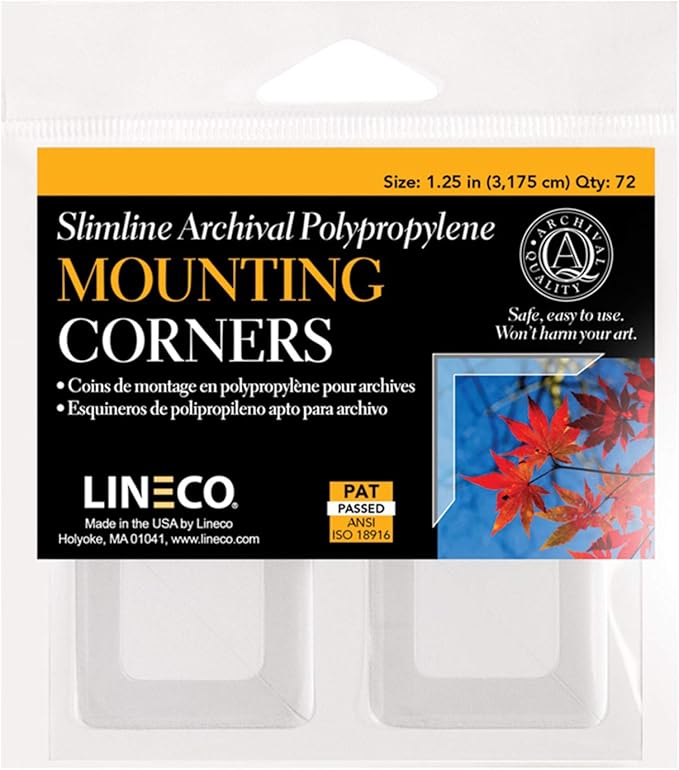 Lineco 1.25" Slimline Polypropylene Mounting Corners. Pack of 72. Self Adhesive, Pressure Sensitive, Non-Yellowing, Mount Pictures, Scrapbooking, DIY, Displaying Photos