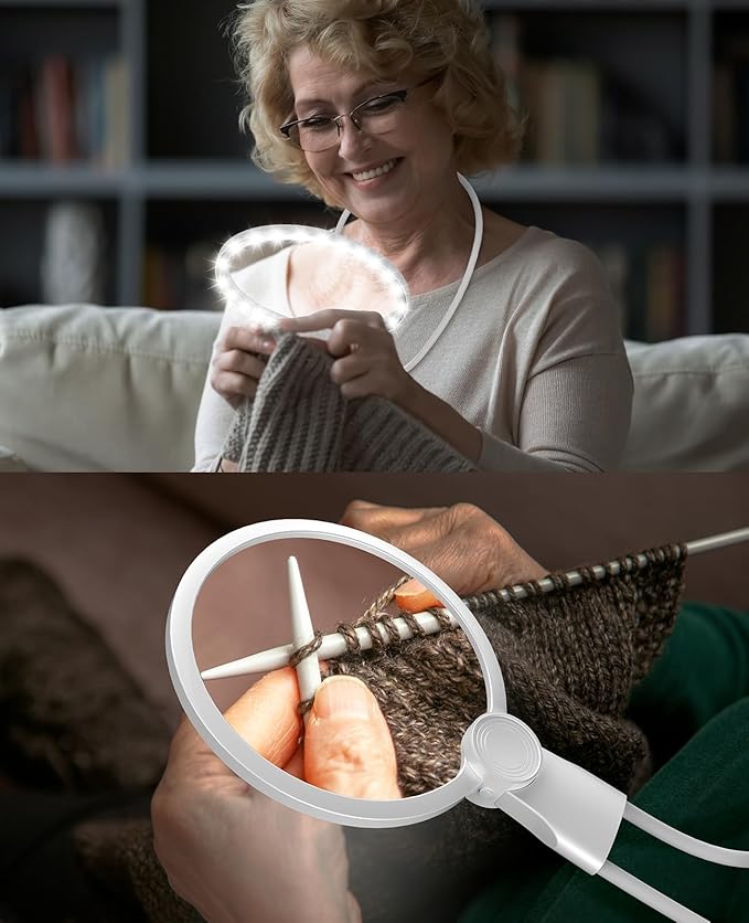 5X Hands Free Magnifying Glass with Light for Close Work,Neck Wear Magnifier for Reading Books,Sewing, Cross Stitch.Low Vision Seniors with Aging Eyes(White)