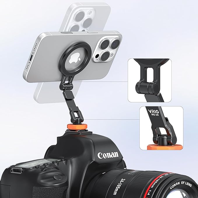 VRIG Magnetic Phone Tripod Mount for Magsafe, Aluminum iPhone Tripod Mount Adapter with 1/4” Screw, 360° Cold Shoe Phone Holder for Camera, Compatible with iPhone 16/15/14/13/12 Series