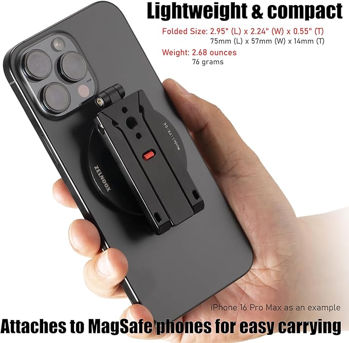 Ultra-Compact Magnetic Tripod Stand for iPhone 17/16/15/14/13/12 Pro Max Magsafe Case, Adjustable Cellphone Holder with 1/4” Screw & Travel Hook (Black)
