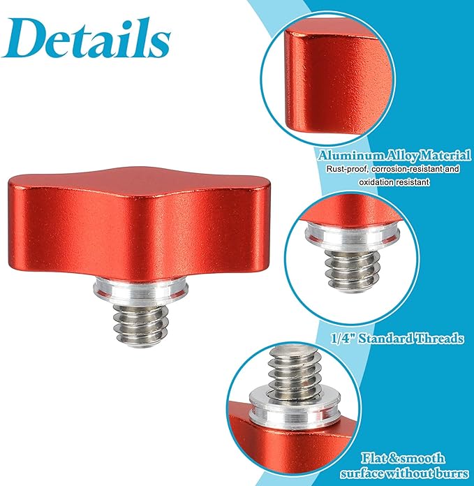 PATIKIL Clamping Screw Knob 1/4" x 0.75", 2Pcs Aluminum Alloy t Shaped Camera Thumb Screws for DSLR Flash Bracket Photography Light Stand Adapter Action Sports Camera Mounting System, Red