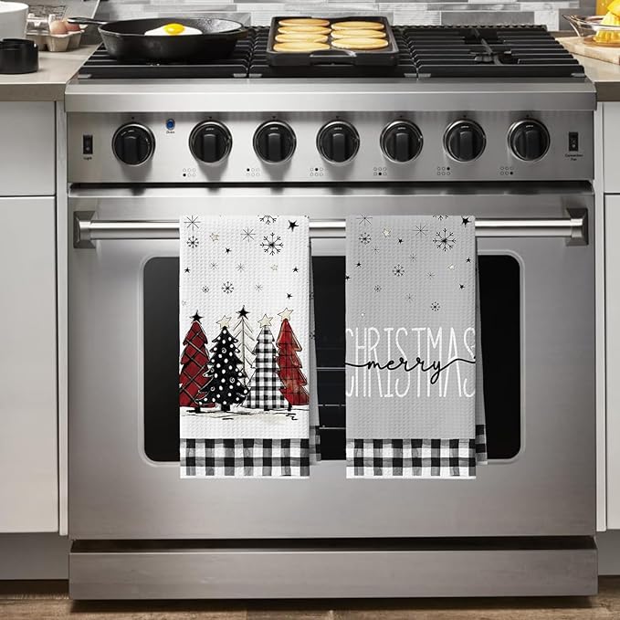 Artoid Mode Black Xmas Tree Snowman Merry Christmas Bar Kitchen Towels, 12x24 Inch Quick Dry Microfiber Cloth Dish Towels for Kitchen Drying Set of 4
