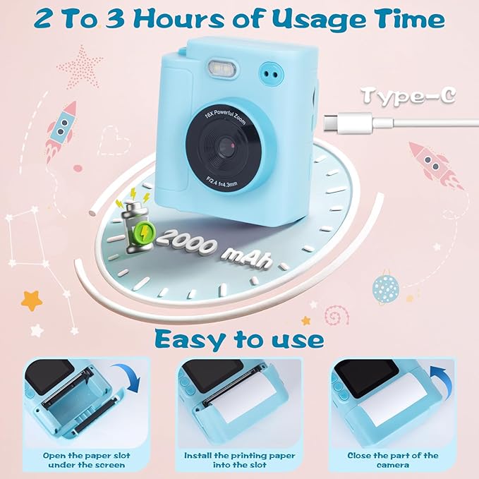 Kids Camera Instant Print, 1080P HD Dual-Lens Selfie Digital Camera with 5 Printing Paper Rolls & 32G TF Card, for Children, Portable Toddler Toy for Age 3-12 Boys & Girls (Blue)