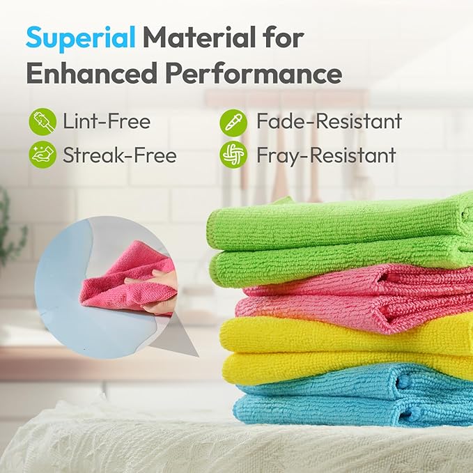 270GSM Thick Microfiber Cleaning Cloth 12"X12" - 12 Pack 4 Color Assorted Lint Free Kitchen Towels Lint Free Streak Free, Super Absorbent Reusable Multi Purpose Microfiber Towels for Cars