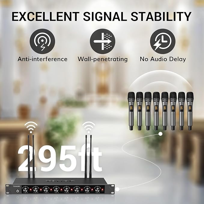 TONOR Wireless Microphones System with 8x12 Channels Cordless Handheld Microfono Inalambrico, 90 m/295FT UHF Range, Mics with Stable Signal, Quick Mute for Karaoke Singing Party Church Wedding