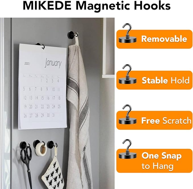 MIKEDE Magnetic Hooks Heavy Duty, 170LB+ Strong Black Magnets Hooks for Refrigerator, Rare Earth Neodymium Hooks with Epoxy Coating, Cruise Magnets with Hook for Hanging, Garage - 6 Pack