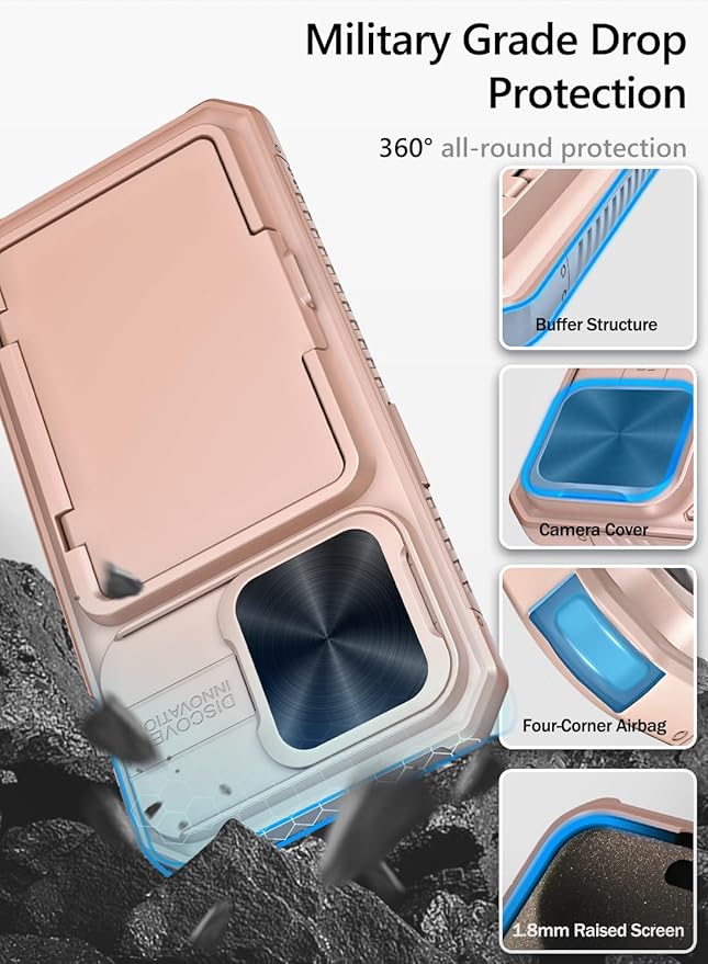 Vihibii for iPhone 15 Pro Case Wallet with Slide Camera Cover, Built-in Card Holder (4 Cards) & Kickstand, Heavy Duty Shockproof Rugged Phone Protective Case for iPhone 15 Pro 5G 6.1" 2023, Rose Gold