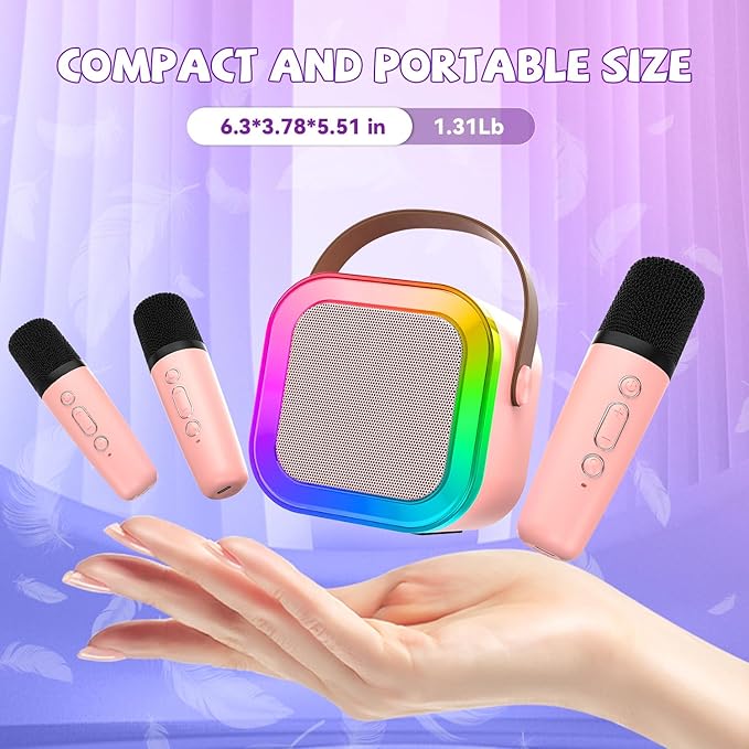 Upgraded Mini Karaoke Machine with 3 Wireless Microphones for Kids Girls Boys - Karaoke Party Speaker Christmas Birthday Gifts for 4 5 6 7 8 9 10 11+ Year Old - Kids' Instrument Accessories - Pink