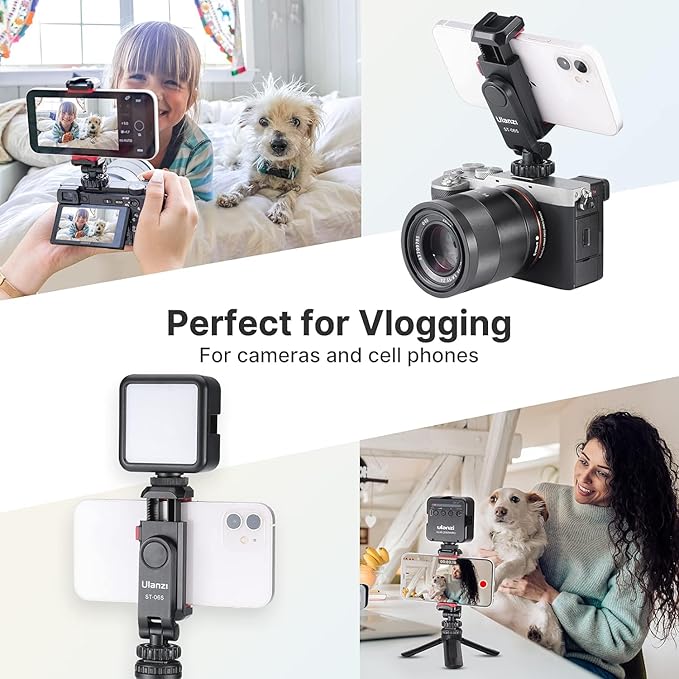 ULANZI Phone Tripod Mount ST-06S, Universal Smartphone Mount Adapter with 2 Cold Shoe, 360° Rotates Adjustable Cell Phone Clip Clamp Holder, Compatible with iPhone17/16/15, Samsung Galaxy Smartphones