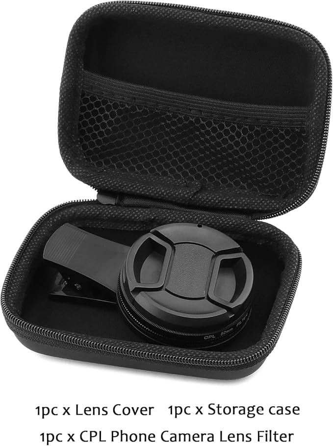 52mm Polari/zed Camera Lens Phone Universal CPL Filter Clip Kit, Portable Phone Polarizing Lens Filter for Cell Phones Camera Assistant Len and Effects Filters(Black)