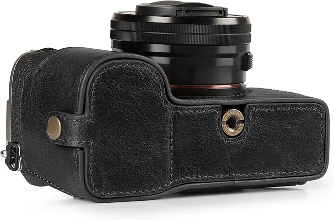 MegaGear Genuine Leather Half Camera Case for Sony Alpha a7C Mark II - Stylish and Protective - Black