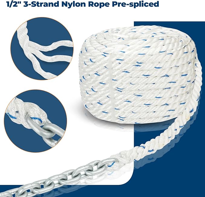 Windlass Anchor Rode Rope/Chain, 1/2" Anchor Line 3-Strand 200ft with 1/4" G4 Hot-Dipped Galvanized Anchor Chain 15ft and Swivel Connector Kit