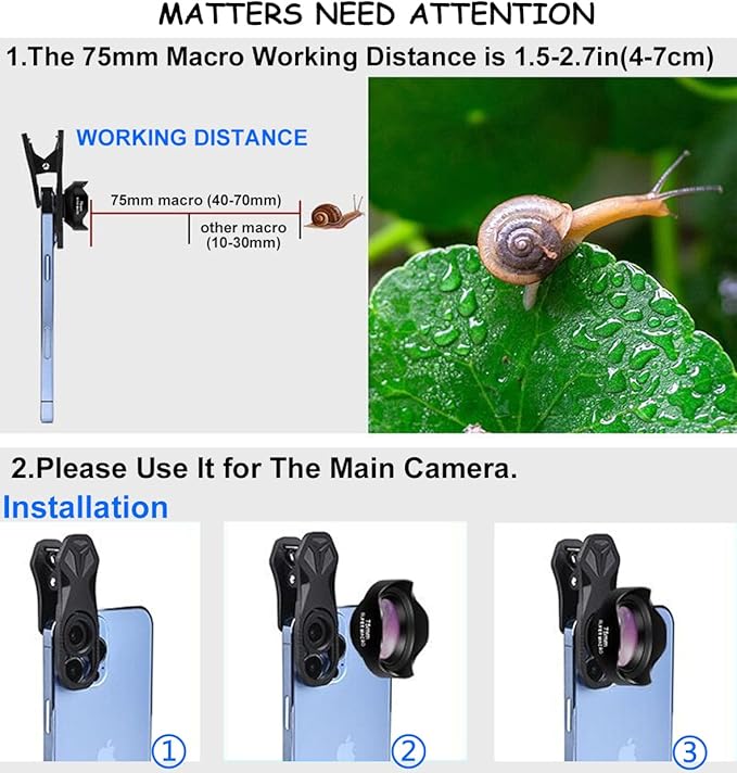 75mm Macro Lens for iPhone 16 15 14 13 Pro Max Samsung Moto TCL Android Phone,Detail Camera Lens with Clip,Close-up Pictures