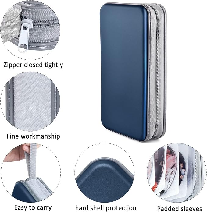 DVD Case, Bivisen CD Case Holder Wallet Binder 96 Capacity CD/DVD Cases Storage Holder Binder Organizer Wallet Book for Car Home Travel (Dark Blue)