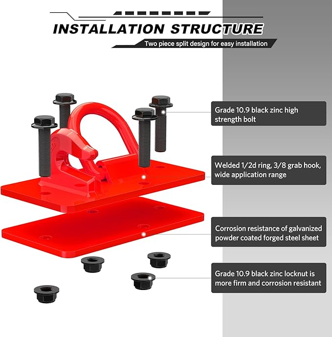 2 Pack Tractor Bucket Hooks with Tie Down Ring, Grade 70 Forged Steel Bolt On Grab Hook Tow Hook Mount with Backer Plate, Work Well for Tractor Bucket, RV, UTV, Truck, Max 15,000 lbs Red