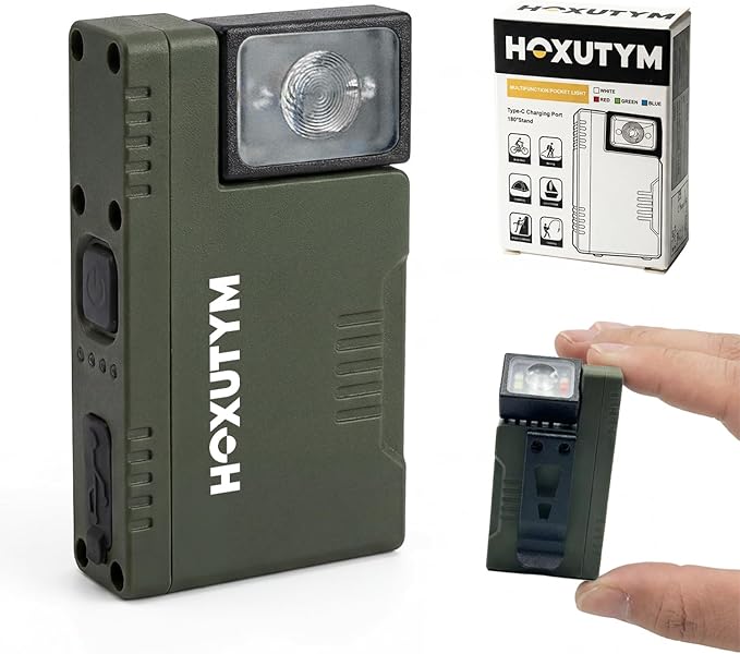 Clip-on LED Rechargeable Flashlights – 500lm EDC Mini Pocket Light, Hands-Free Magnetic Work Light with 180° Rotatable Clip & RGB Emergency Mode for Camping, Hiking, Repairs, Walkies, Green
