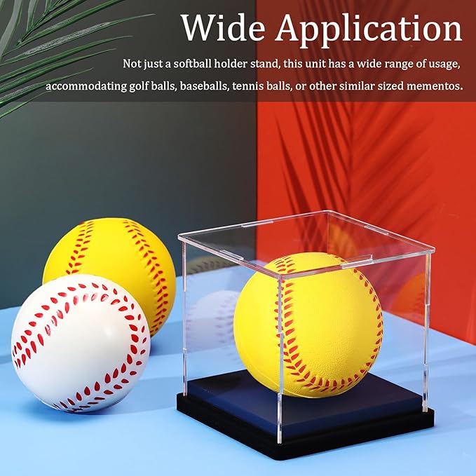 Baderke 2 Pcs Softball Display Case Acrylic Softball Baseball Stand Holder UV Protected Memorabilia Ball Box Clear Display Cube for Sports Ball Storage (Remove The Protective Film Before Use)