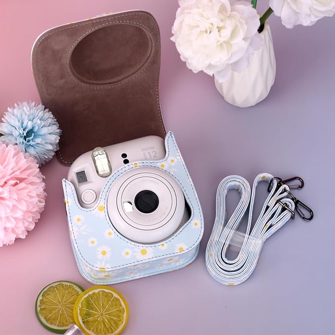 Frankmate Protective Case Fit for Fujifilm Instax Mini 12 11 9 8 Camera, PU Leather Camera Bag with Pocket and Adjustable Shoulder Strap (Blue Daisy)