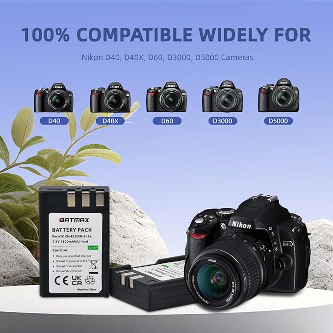 Batmax EN-EL9 Battery(2-Pack) and Compact USB Dual Charger for Nikon EN-EL9, EN-EL9a and Nikon D40 D40x D60 D3000 D5000 Cameras