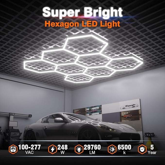 Hexagon Garage Lights: 245W 35 Pack 8 Grids LED Garage Lights - Easy Install 6500K Super Bright Honeycomb Light for Warehouse, Car Detailing Shop, Exhibition Hall, Gym