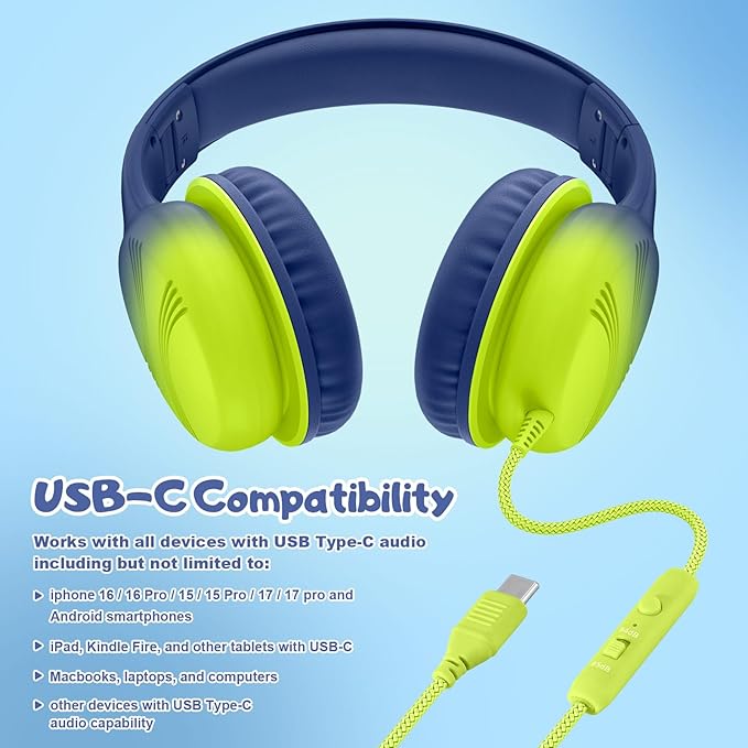 USB Type C Kids Headphones, Wired Headphones for Kids with Microphone 85/94dB Volume Limit, Stereo Sound Portable Over Ear Headphones for School/Travel/Tablet/iPad, Blue Lemon