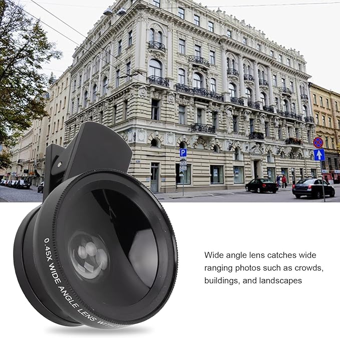 Phone Camera Lens, 2 in 1 Phone Lens Kit, 0.45X Ultra Wide Angle and 12.5X Macro Lens, with Travel Case, HD Professional Universal Clip Lens Kit for Most Smartphones, Tablets(Black)
