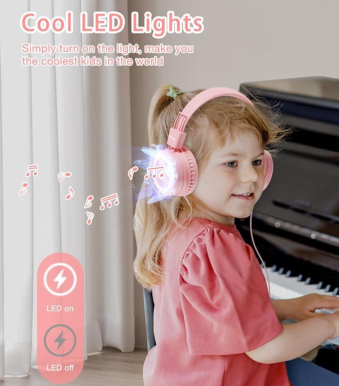 Kids Headphones with LED Lights for School, Upgrade USB Type C Kid Headphone with Microphone, Volume Limiter 85/94dB, Wired On Ear Headphones for Boys/Girls/Tablet/Travel -Pink