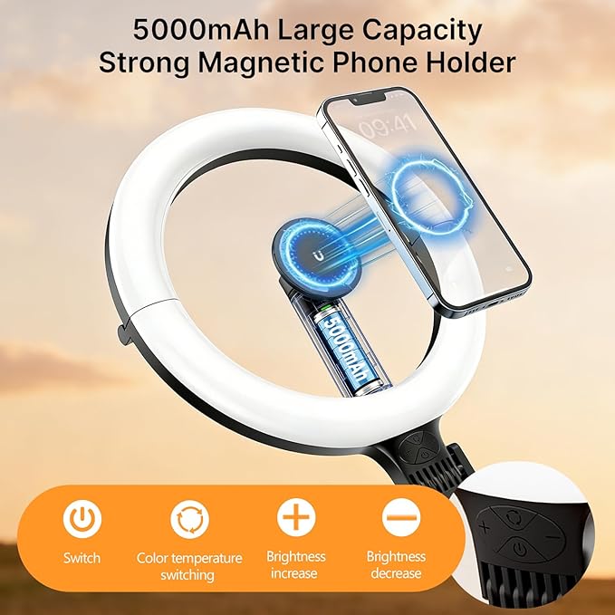 Magnetic Overhead Phone Mount with 10” Ring Light, 5000mAh Flexible Articulating Circle Lamp Table Tripod, iPhone Stand for Video Recording Cooking Nail, Zoom Meeting, Live Streaming Tiktok