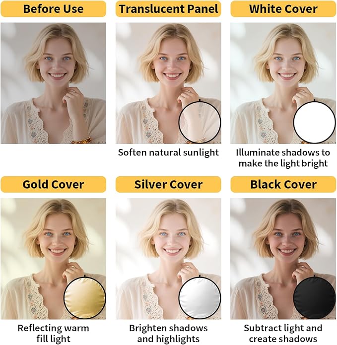 24/32/43/52in Reflector Photography,5 in 1 Light Diffuser with Panel &Bag Light Reflectors for Photography, Ideal for Content Creator Essentials&Photographer in Silver,Gold,White and Black