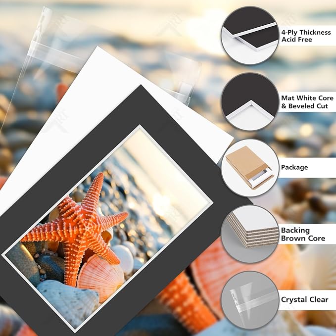 Golden State Art, Acid Free, Pack of 5, 4x6 Black Picture Mats Mattes with White Core Bevel Cut for 3x5 Photo + Backing + Bags