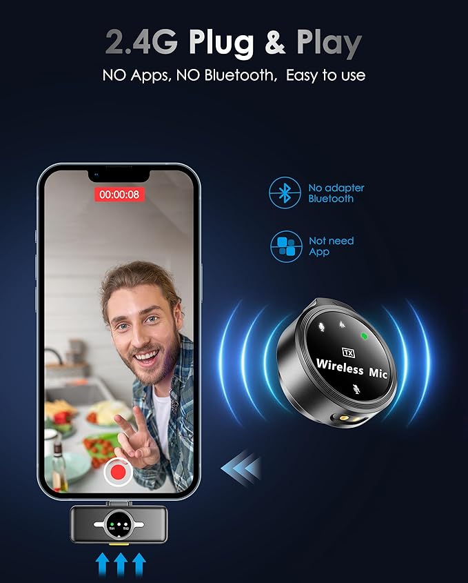 Wireless Lavalier Microphone for iPhone/Android, Lapel Mics with USB-C Plug-Play, Mini Mic with 2.4GHz Noise Cancellation, Charging Case Included, 300ft Range for Stream, Vlog, TikTok and YouTube