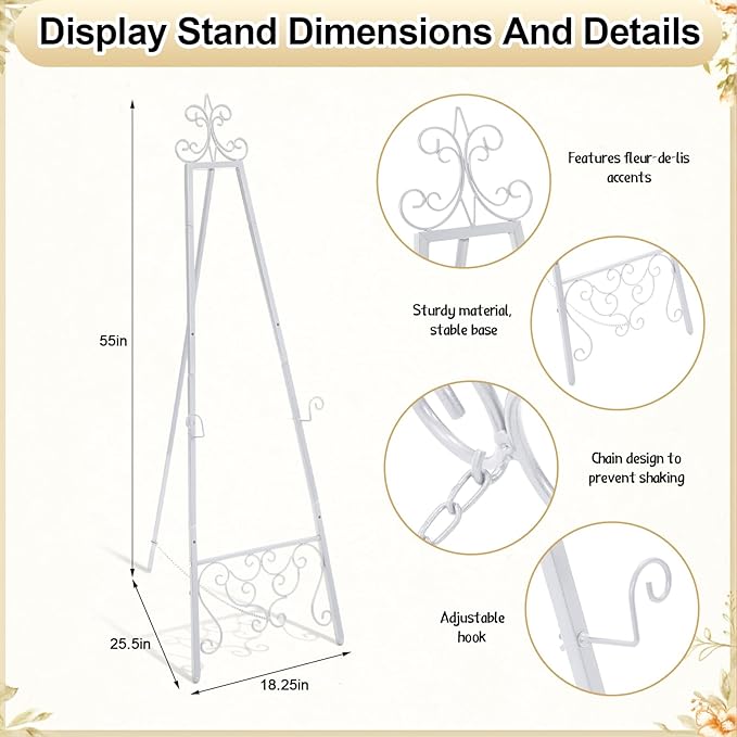 White Easel Stand for Wedding Sign, 55'' Adjustable Vintage Scroll Floor Display Stand with Chain Support for Welcome Poster, Photo, Art, Decorative Event Display