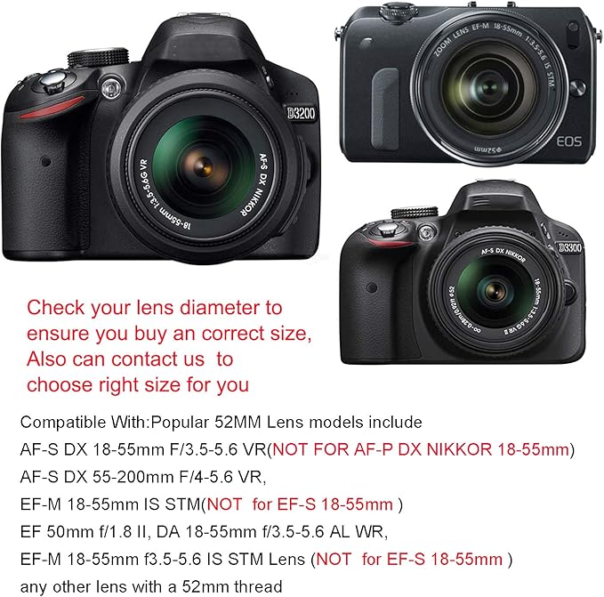 Veatree 52mm Lens Hood Set, Collapsible Rubber Lens Hood with Filter Thread + Reversible Tulip Flower Lens Hood + Center Pinch Lens Cap + Microfiber Lens Cleaning Cloth