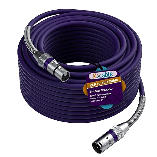 XLR Microphone Cable 100 FT, XLR Male to Female Balanced Mic Cable, 3-Pin Shielded Speaker Cord, Zinc Alloy Connectors, 22AWG Pure Copper, Metal Spring SR, Recording Studio, Podcast, Purple